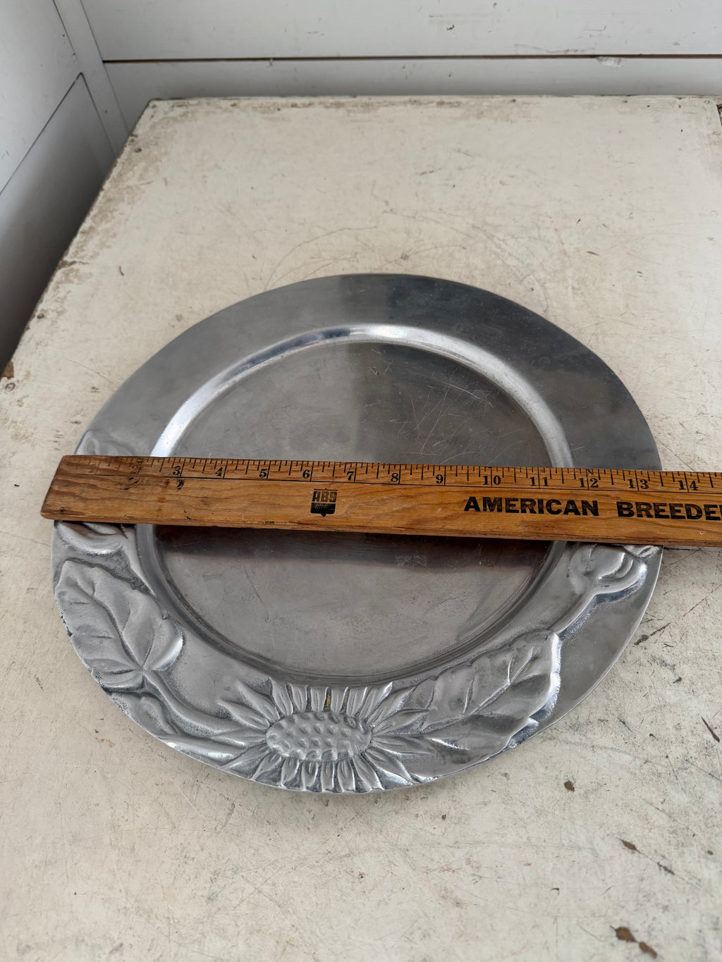 Mexican pewter / aluminum serving platter with a sunflower