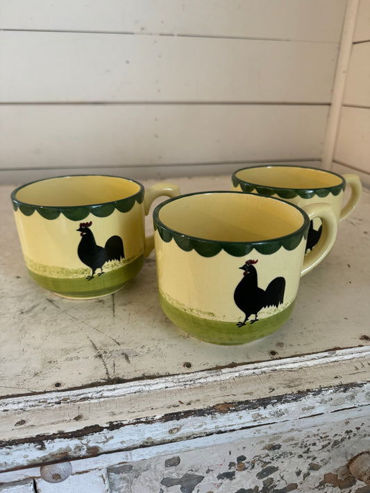 Zeller Keramik China Rooster & Hen Large Mug Yellow Green German 3.5" - sold individuslly small chips as shown