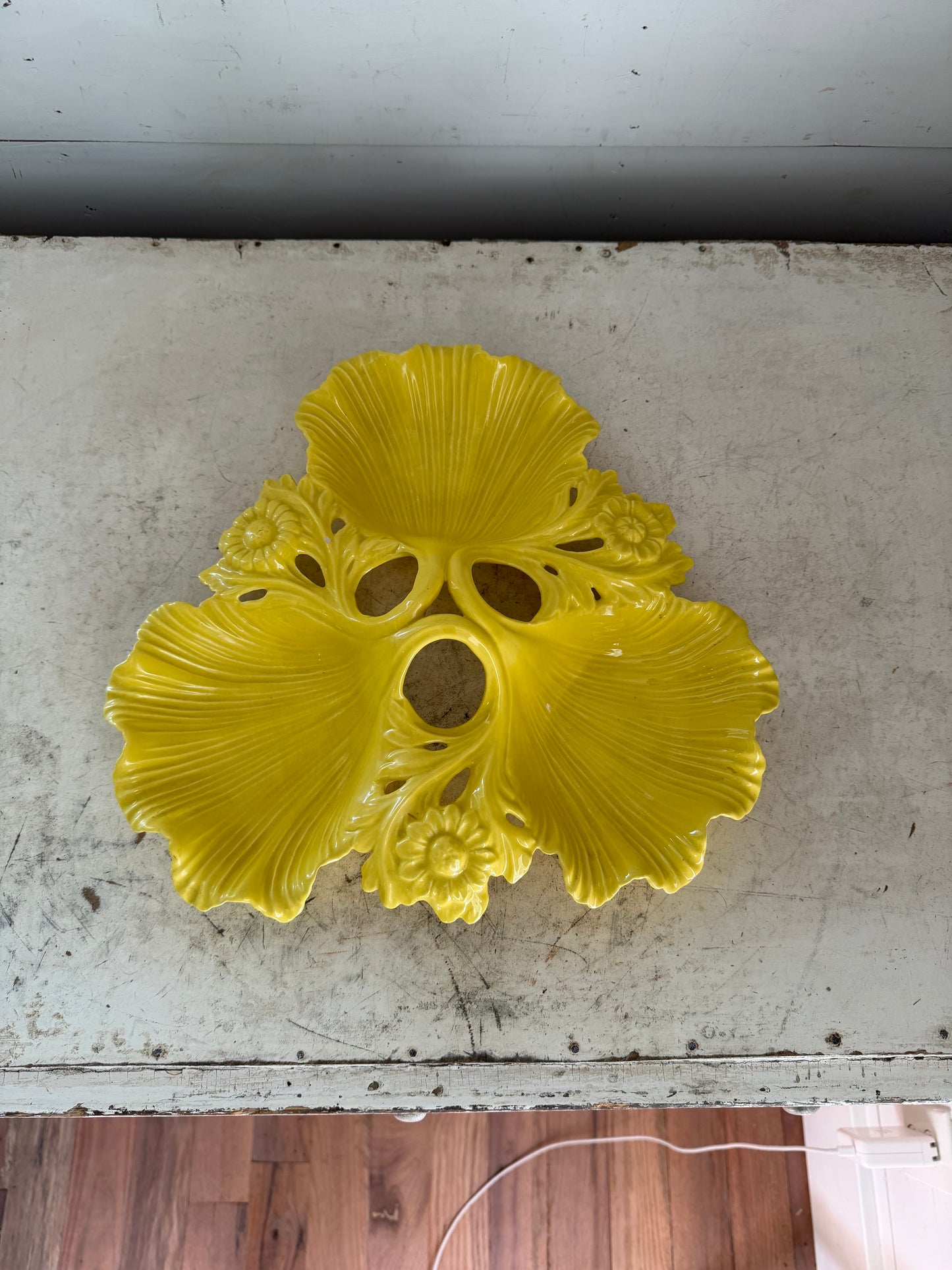 Vintage yellow ceramic dish California Pottery divided leaf relish Tray - Has Some Chips