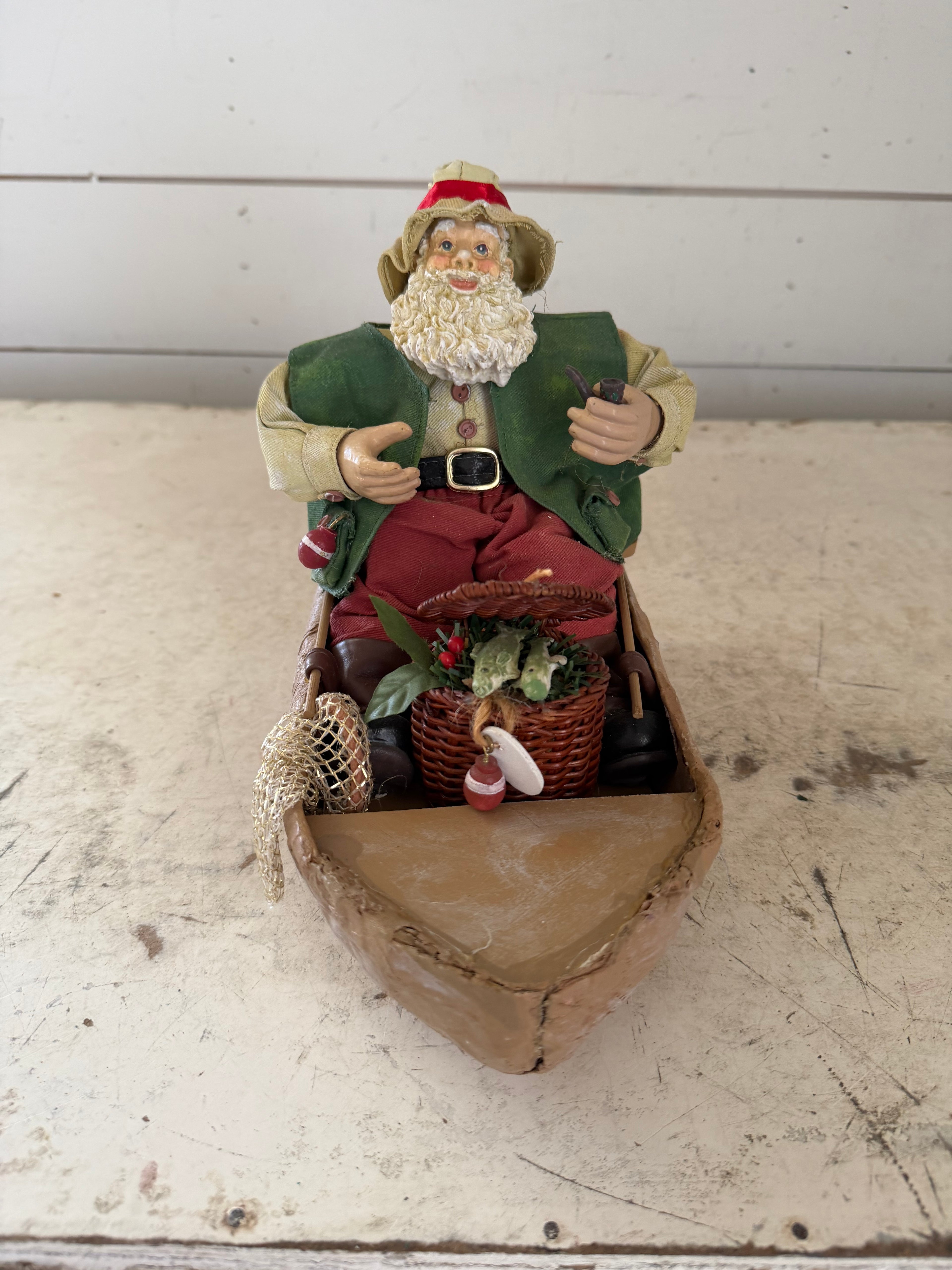 Fishing Fisherman Paper Mache Santa Figure Creel IN BOAT FISH Folk Art Christmas