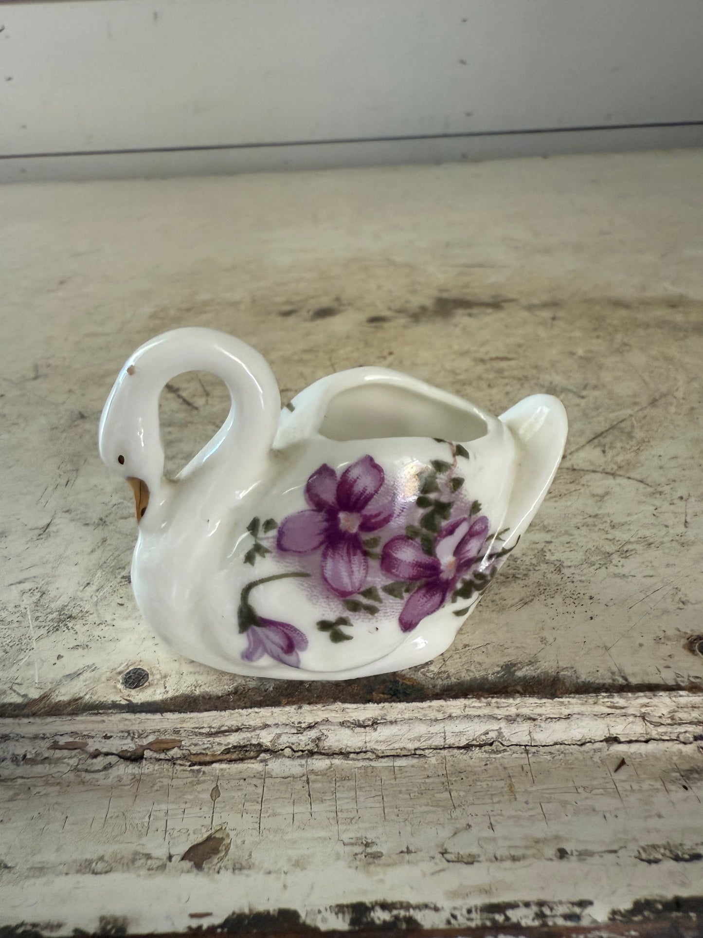 2” High Porcelain Toothpick Holder Swan Violet Flowers