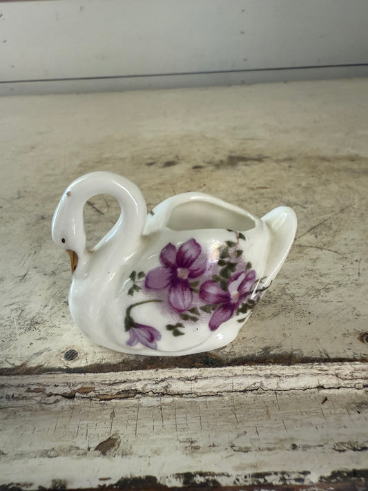 2” High Porcelain Toothpick Holder Swan Violet Flowers