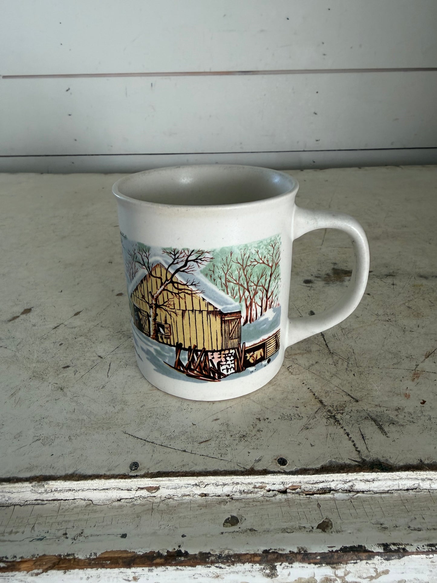 Vintage Sunnycraft Stoneware Mug With Hand Painted Barn Scene