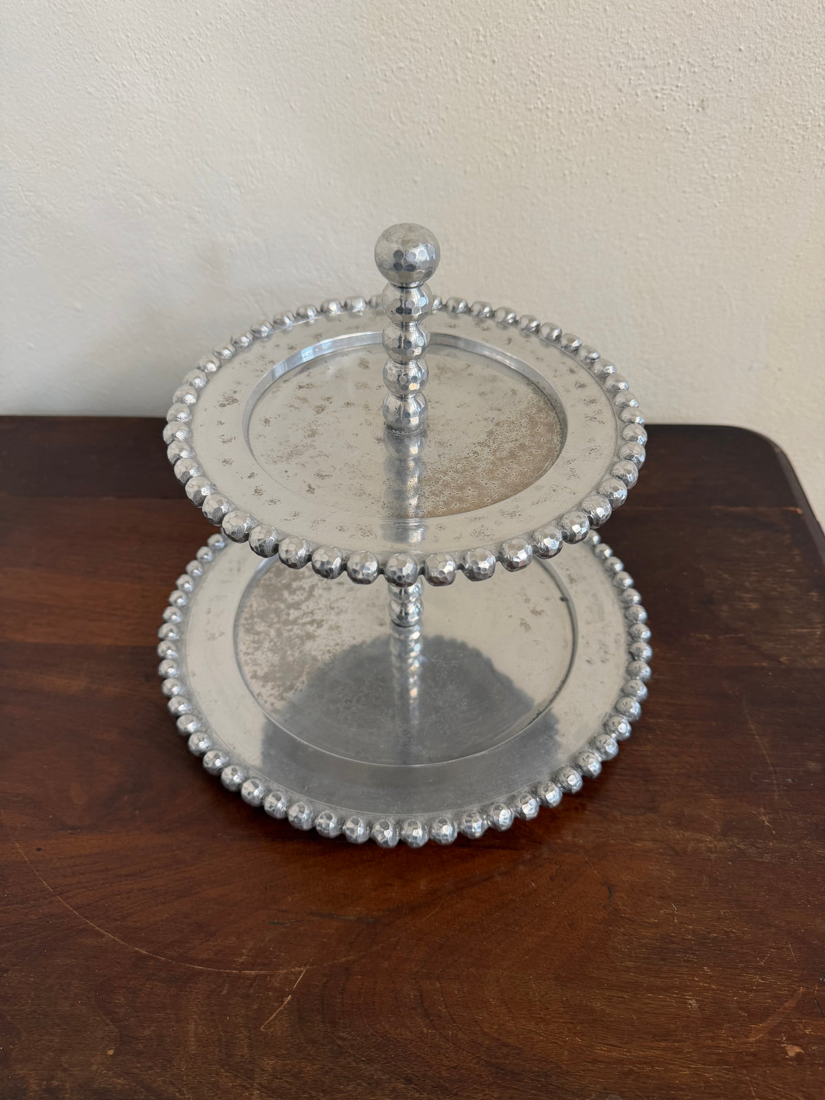 Vintage Beaded Pewter Two Tiered Tray