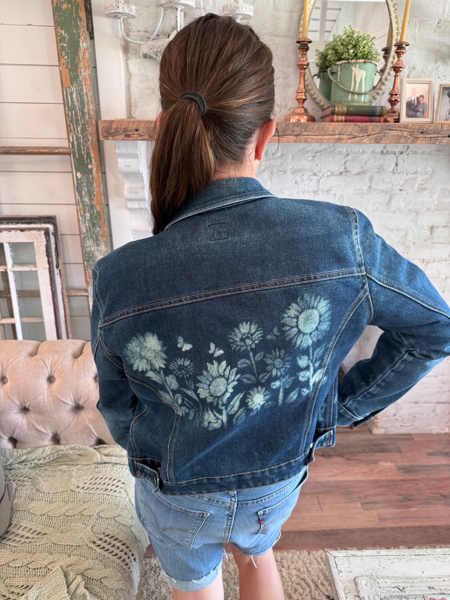 Gap Denim jacket with custom bleached sunflowers size large