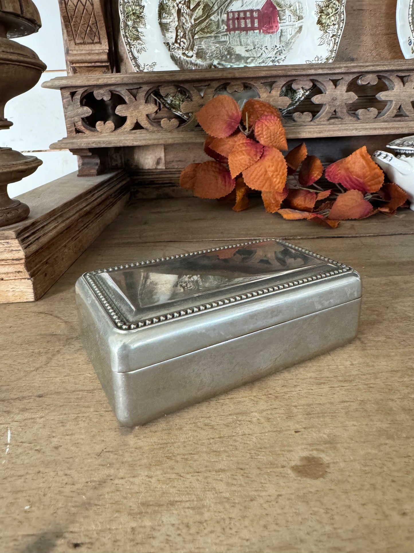 Vintage Tarnished Silver Jewlry Box with beaded edge