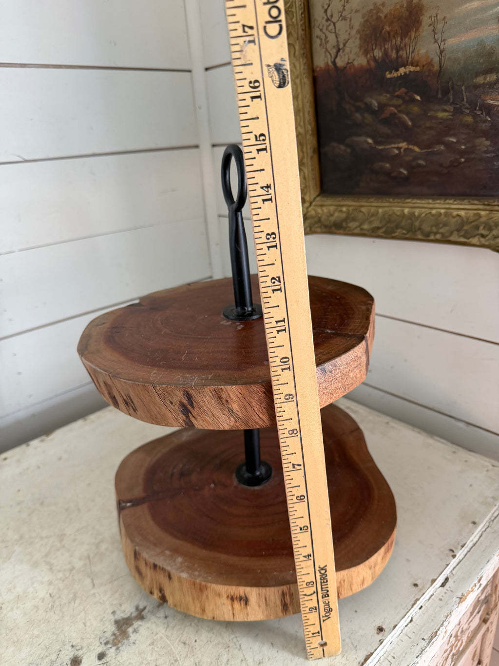 rustic 2-tier wood slab stand featuring natural live-edge tree rounds