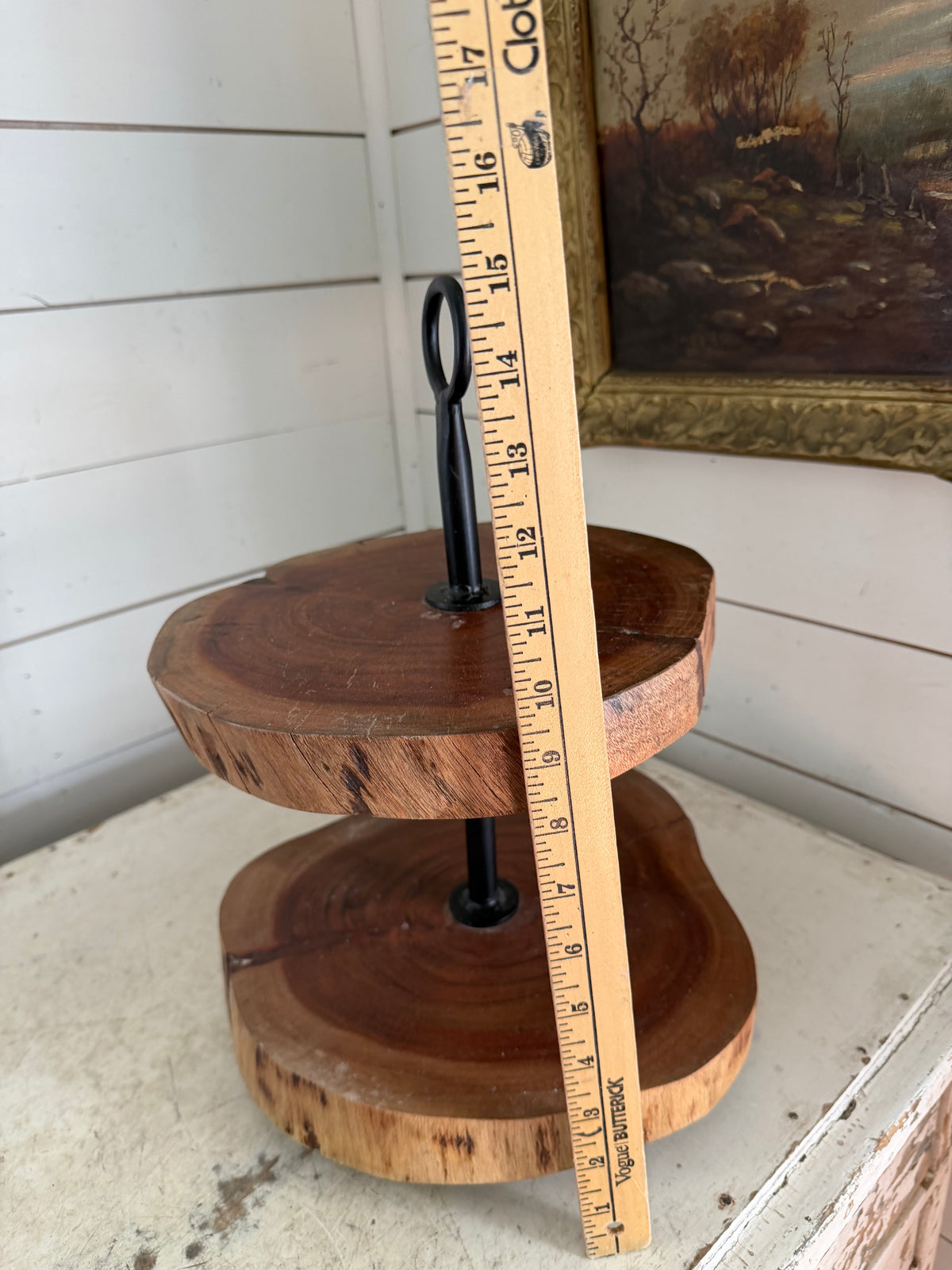 rustic 2-tier wood slab stand featuring natural live-edge tree rounds
