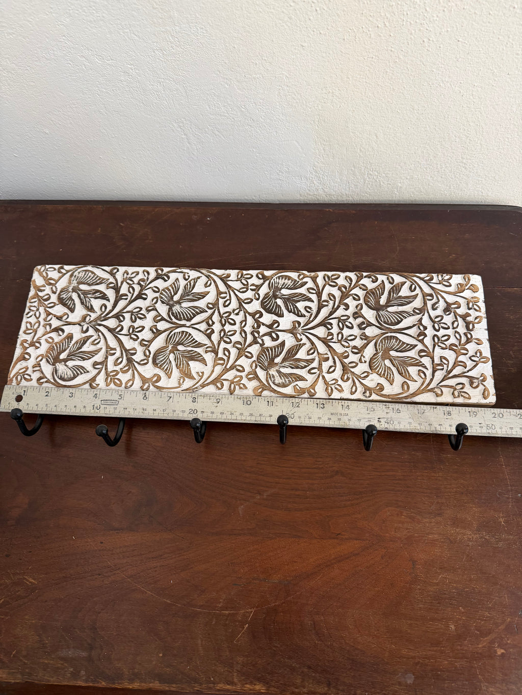 White Washed Carved Wood 6 Hook Coat Rack