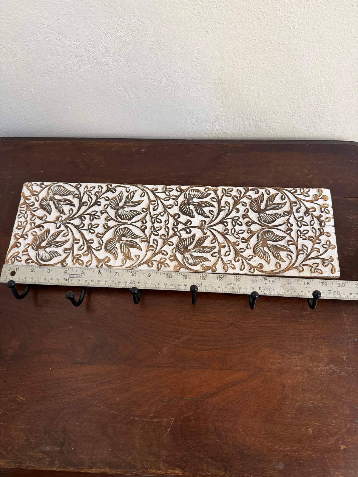 White Washed Carved Wood 6 Hook Coat Rack