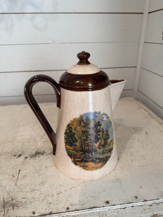 Vintage Pastoral type print on Ceramic Pitcher with lid