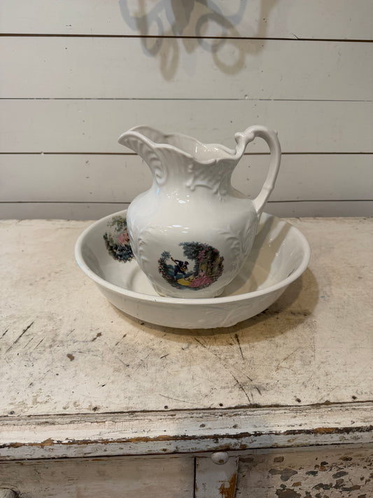 Vintage Porcelain Wash Basin With Victorian Scenes