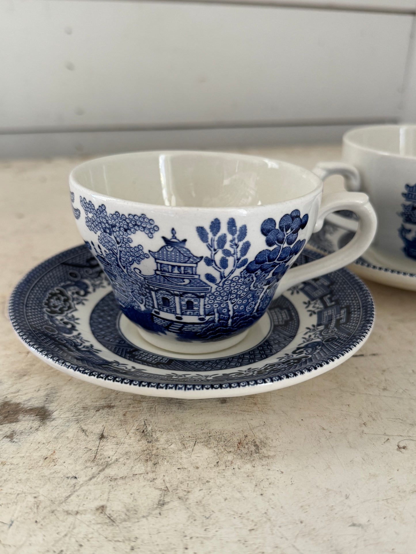 Vintage Broadhurst England Blue Willow Teacup and saucer 5.5" blue & white - each set sold individually