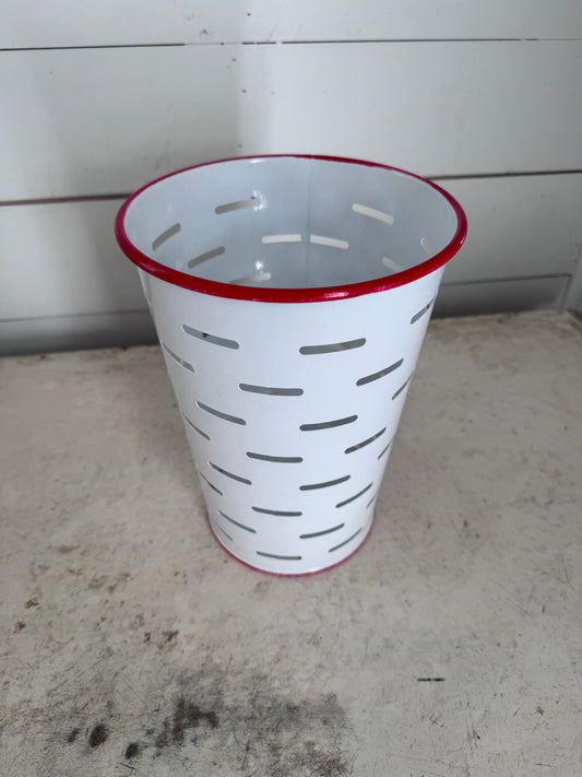 White and red enamel olive bucket