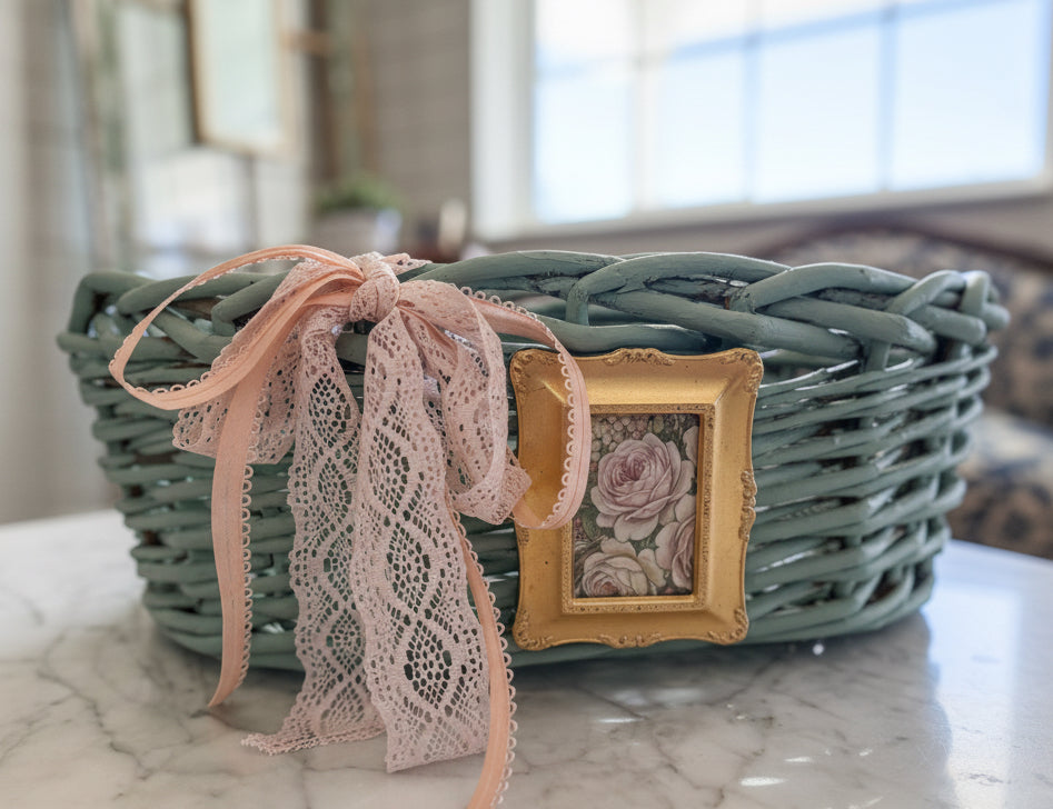 Hand Painted Basket with floral frame and ribbon