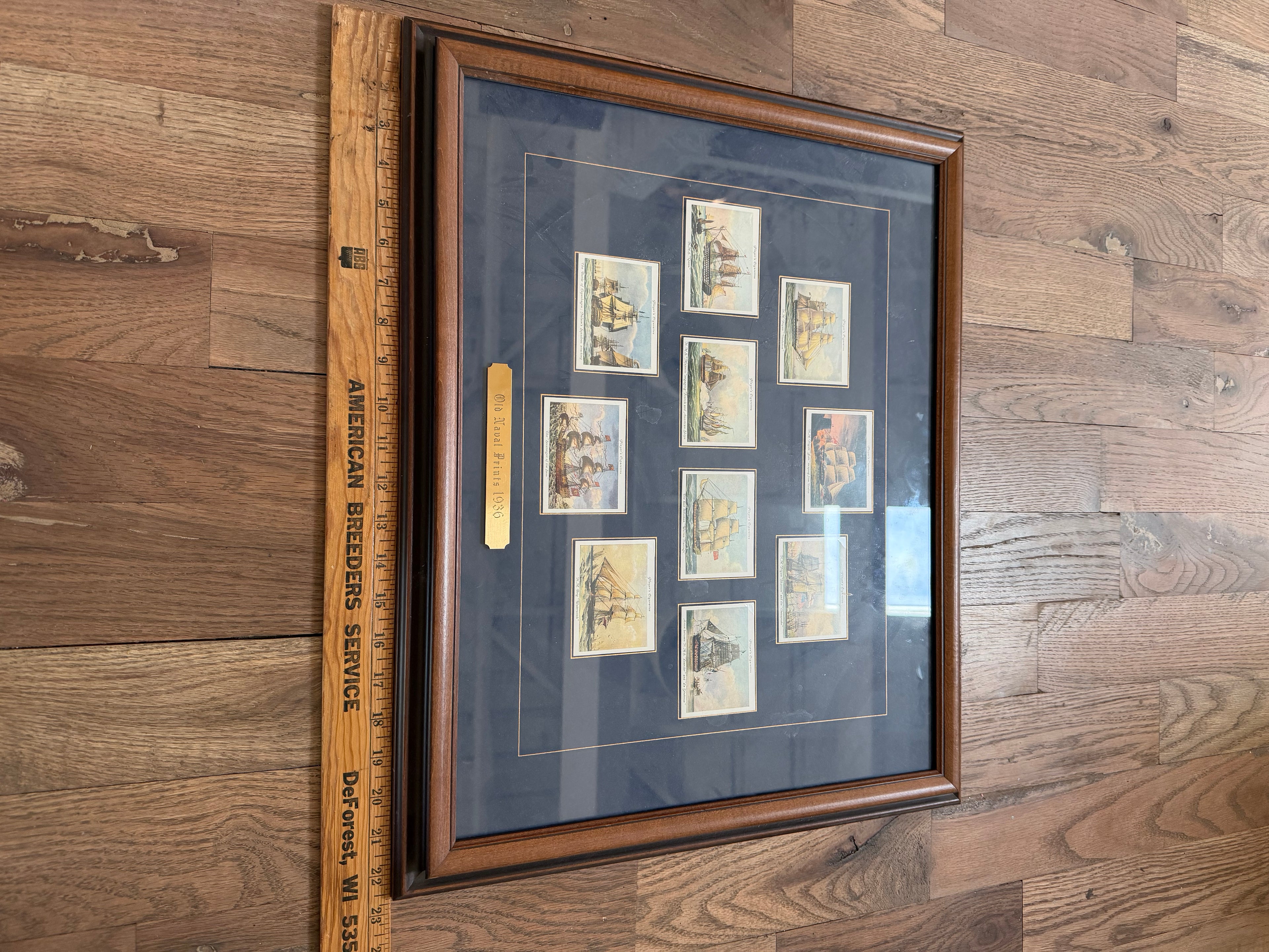Framed collection of vintage John Player and Sons Old Naval Prints Cigarette Cards
