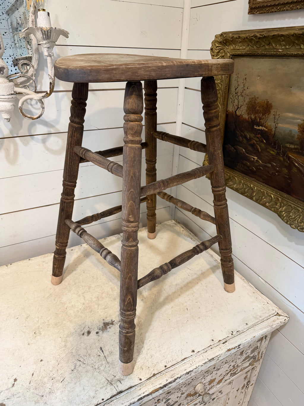 Vintage Wooden Stool With Bowed Seat