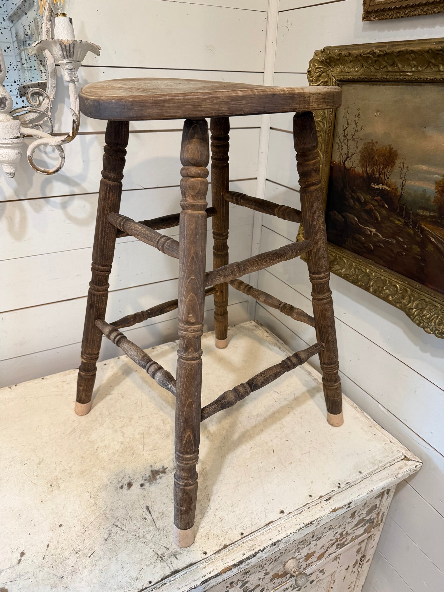 Vintage Wooden Stool With Bowed Seat