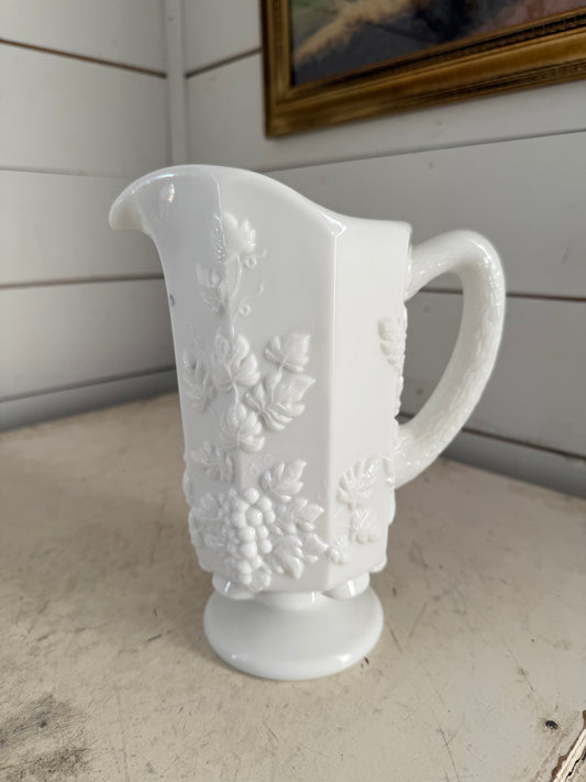 WESTMORELAND Vintage White Milk Glass Pitcher~Paneled Vines~Grape Design~Footed Pedestal~Glass Decor