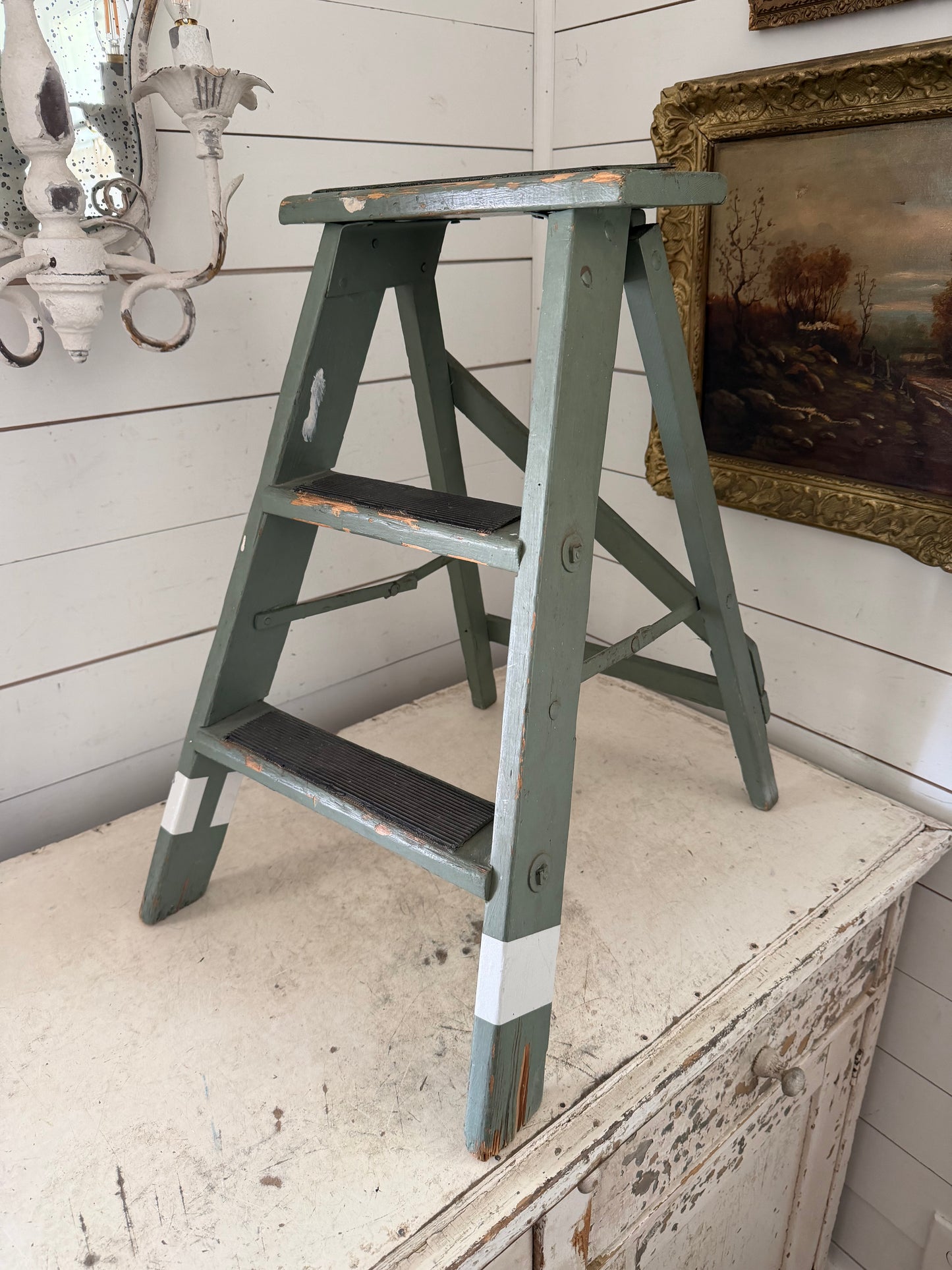 Vintage Wood stepstool painted and sage