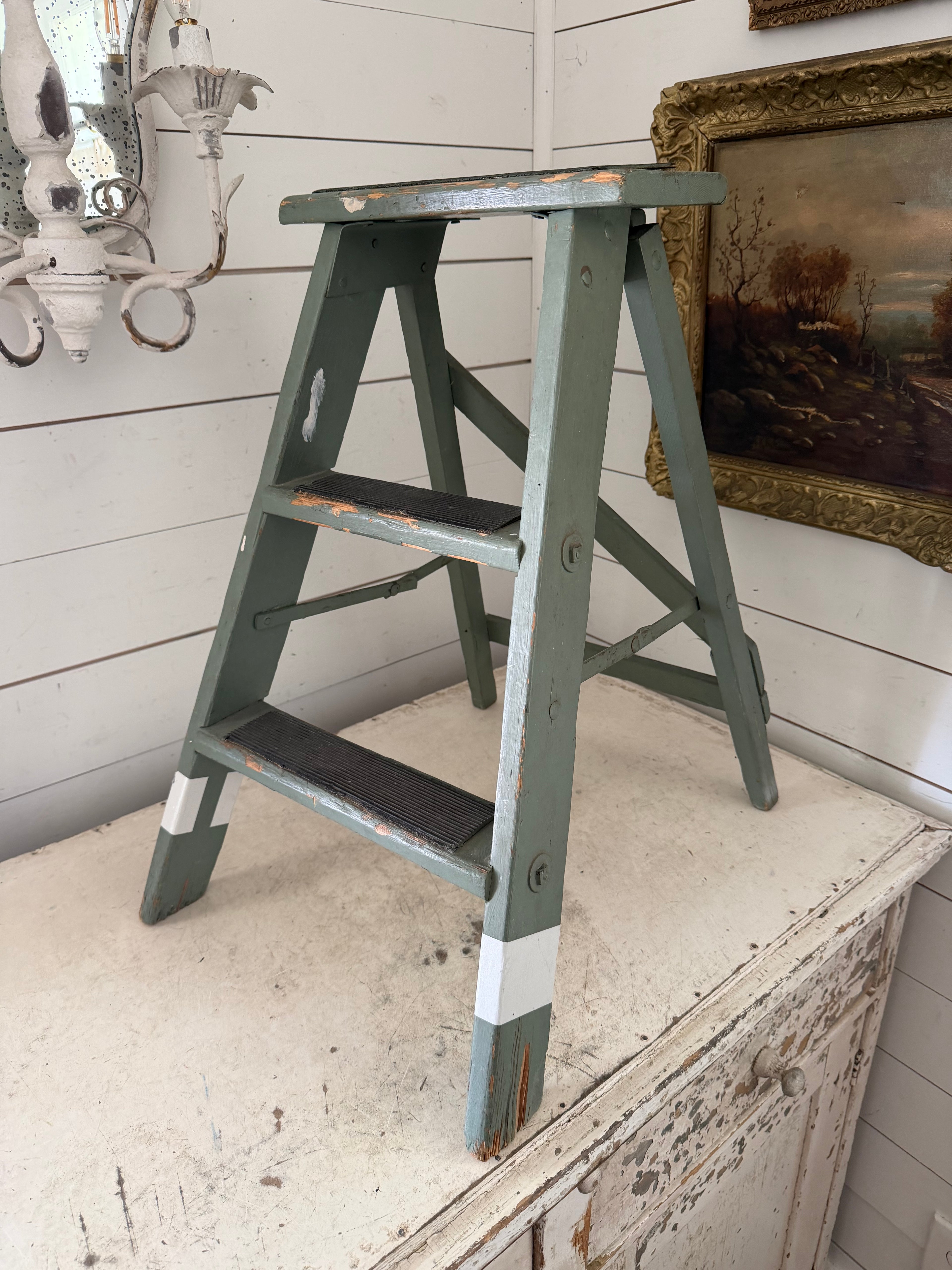 Vintage Wood stepstool painted and sage