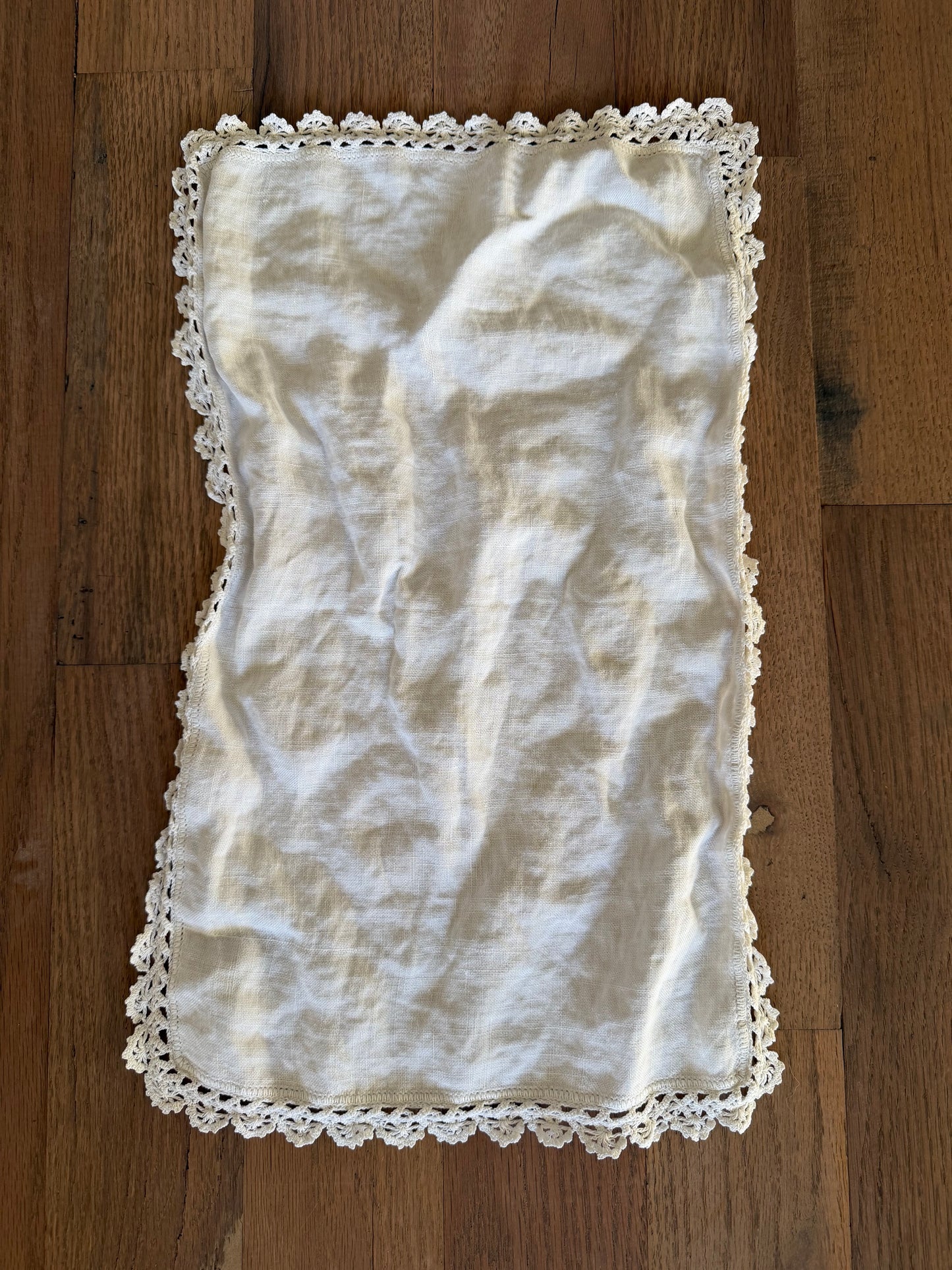 Vintage White Cotton table scarf with crocheted edges