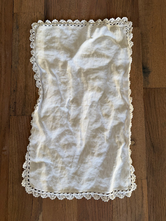 Vintage White Cotton table scarf with crocheted edges