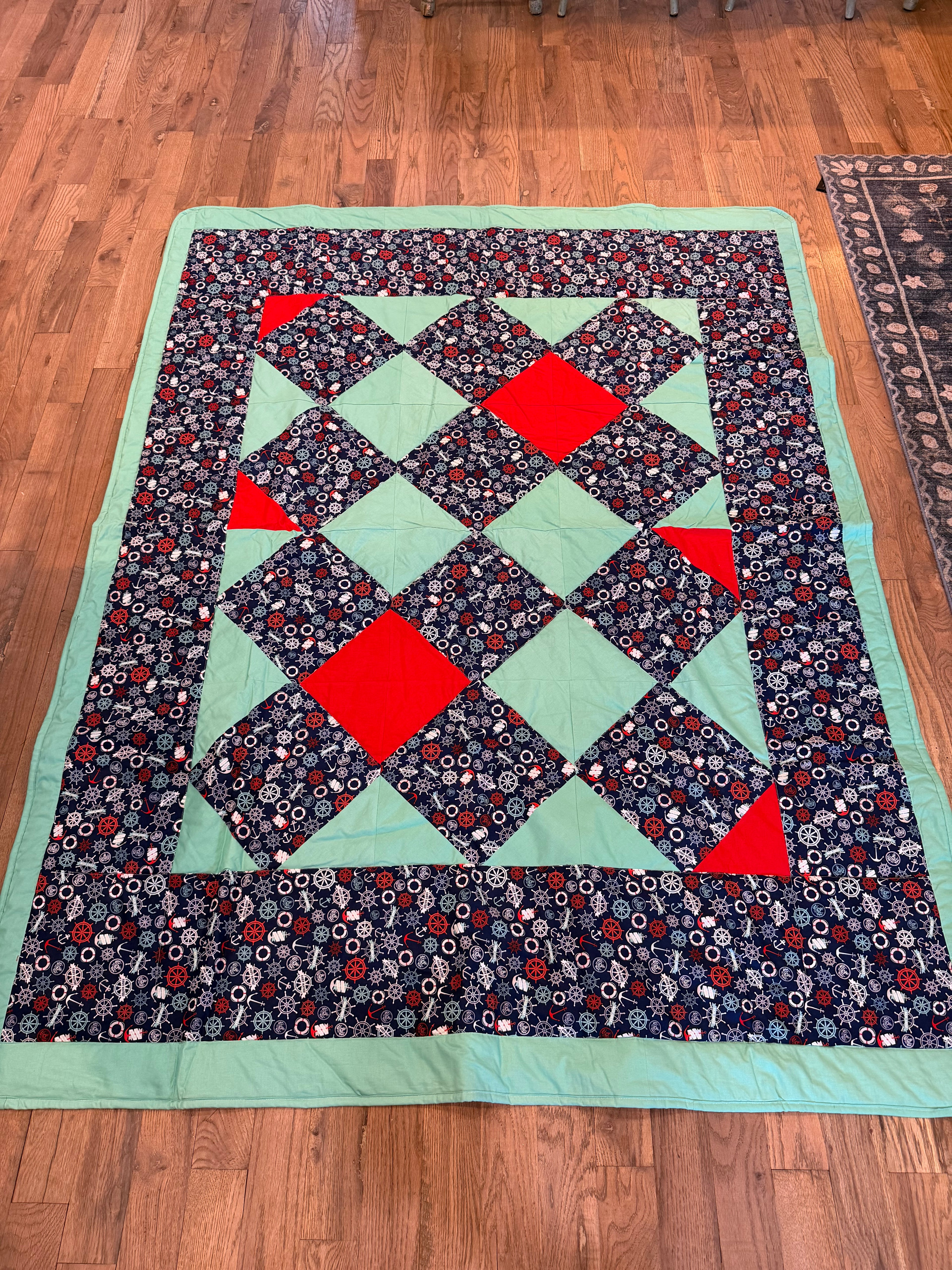 Handmade nautical-themed patchwork quilt a boxed-in pattern - TWIN