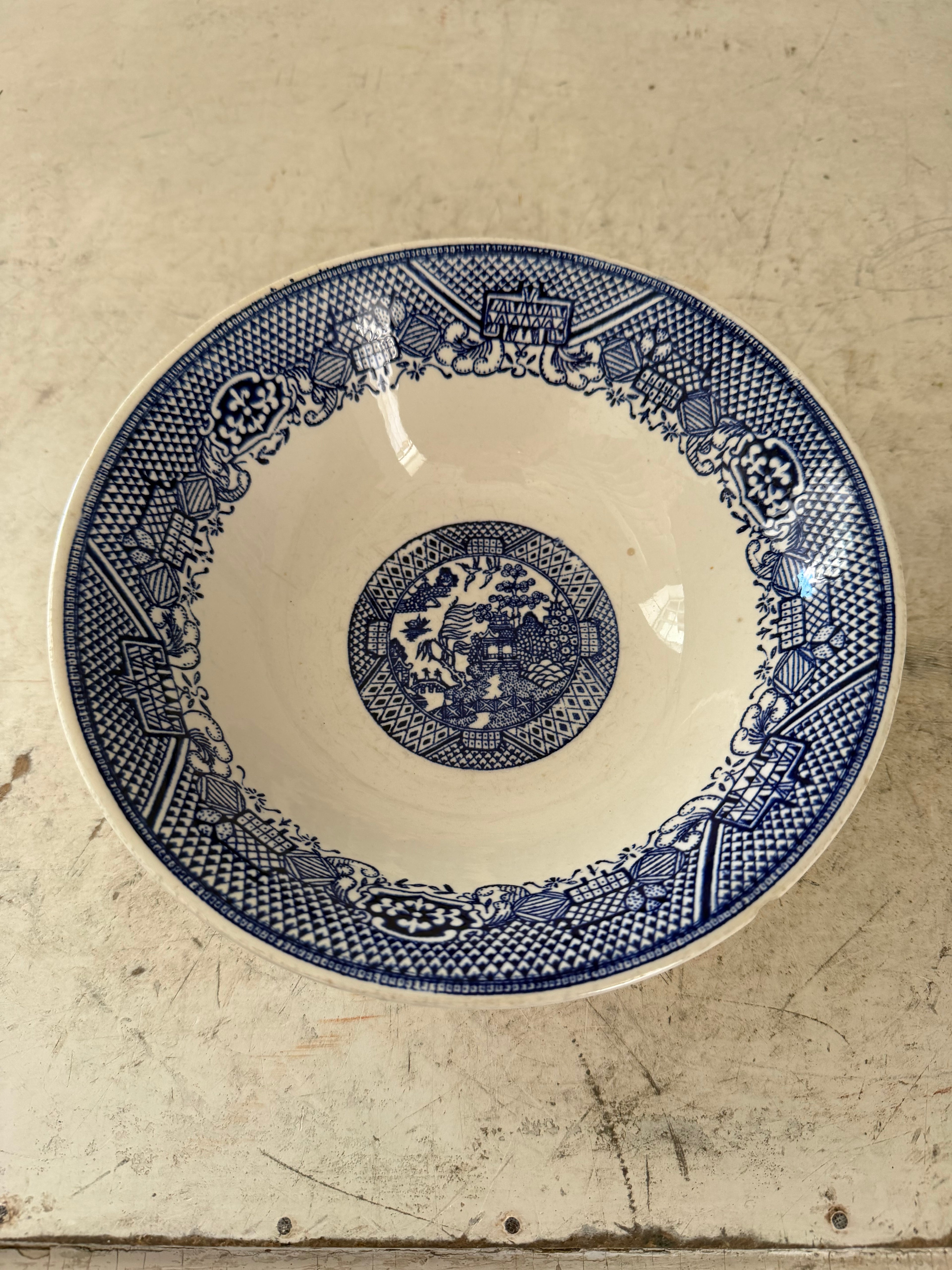 Vintage 1960 Blue Willow Serving Bowl- Blue & White -8 1/2” Diameter - Chip underneath lip
