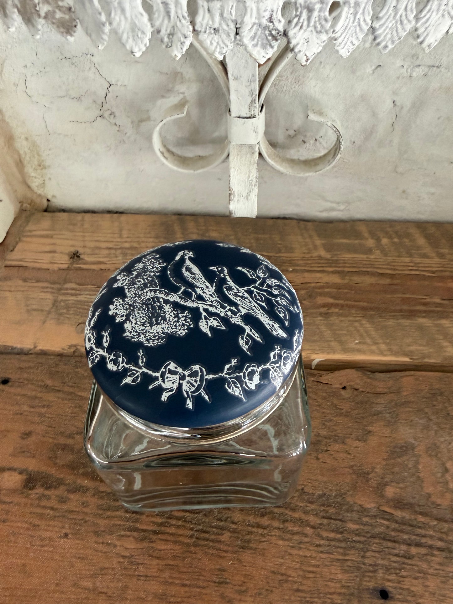 Blue Birds jar with wood lid