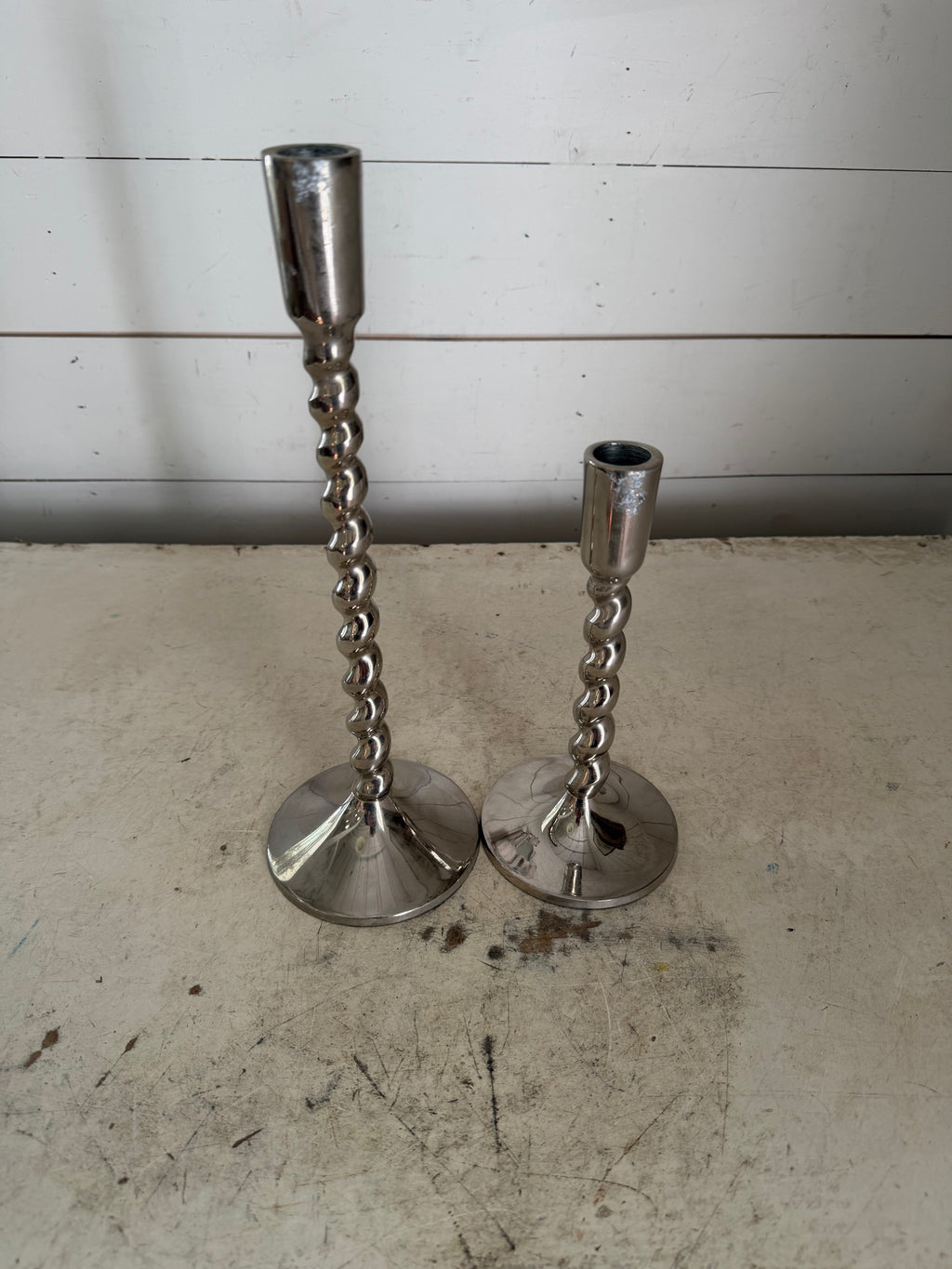 Tarnished Twisted Metal Candlestick Pair