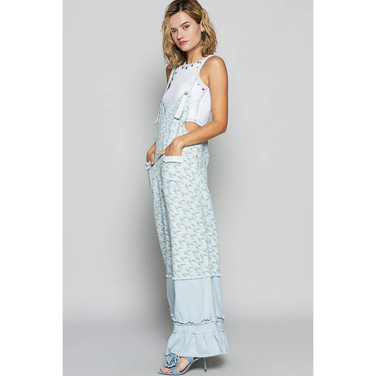 Floral pattern ruffle pockets overall pants - Romper - Bibs