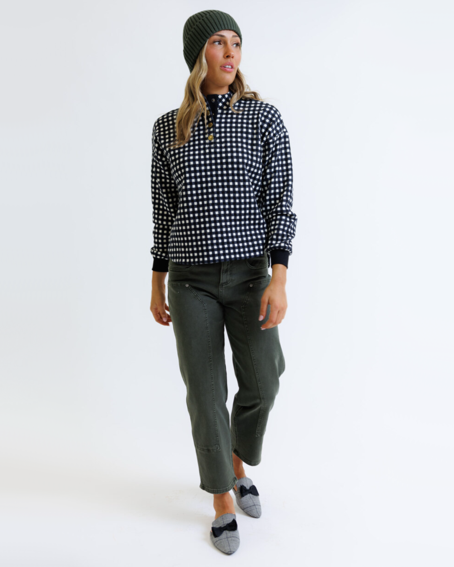Puffy Gingham Mock Neck Half Button Long Sleeve Pullover