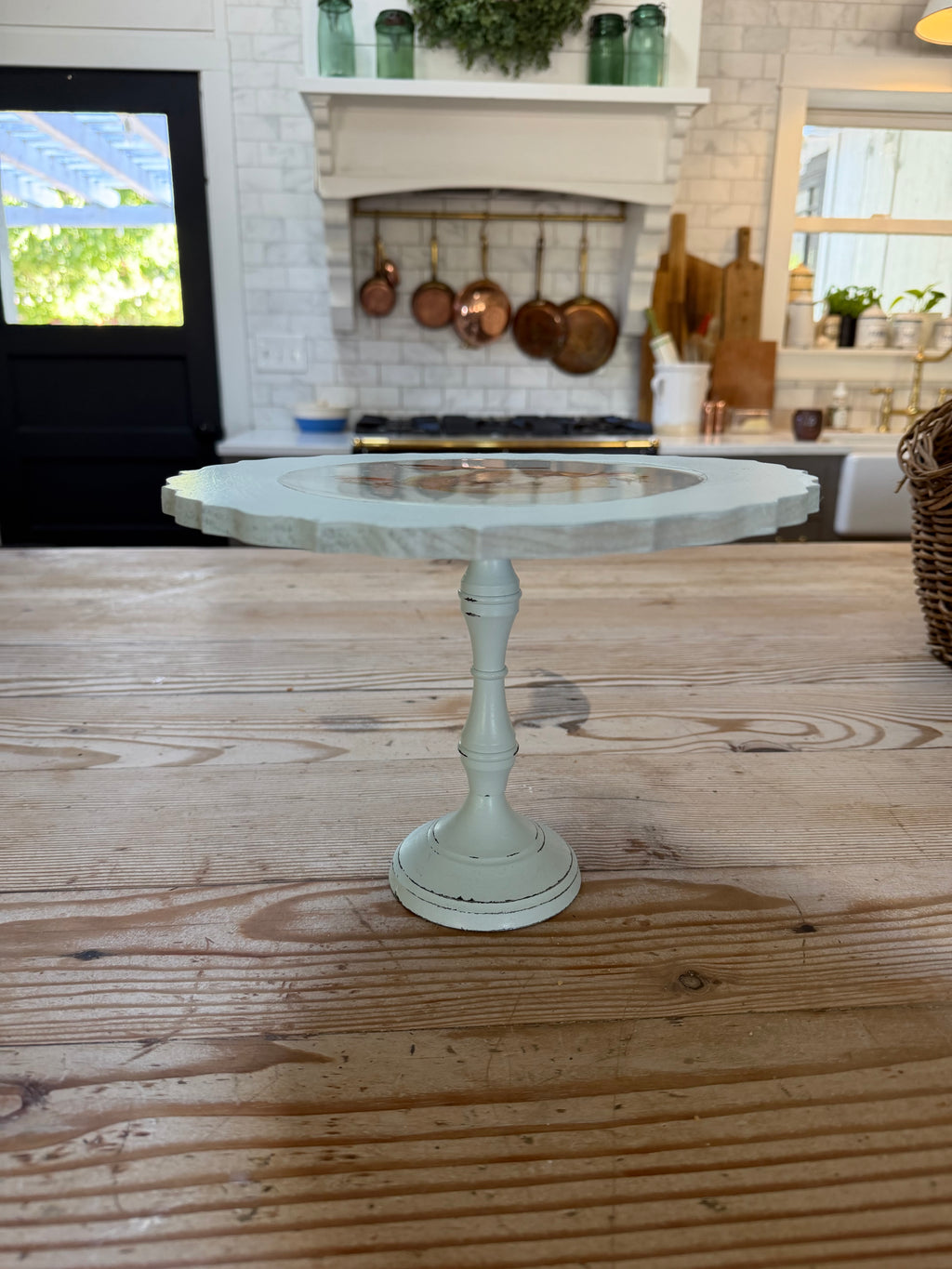 Light Blue Hand painted pedastal cake plate with resin top - Resin portion is food safe