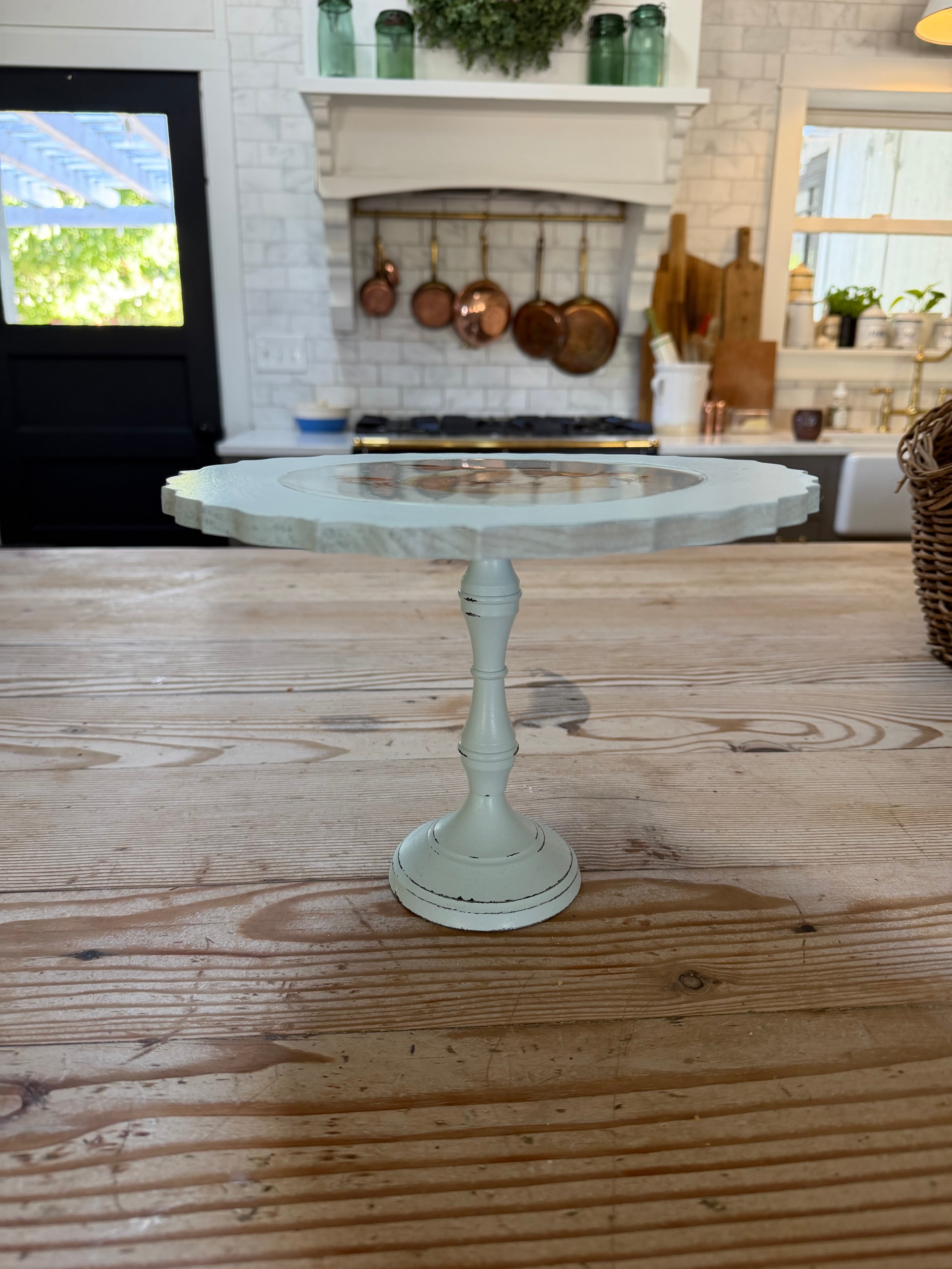 Light Blue Hand painted pedastal cake plate with resin top - Resin portion is food safe
