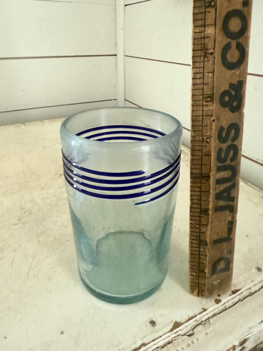 Hand Blown Tumblers Mexico Unique Handmade, Green Glass, Blue Rings & Pontil