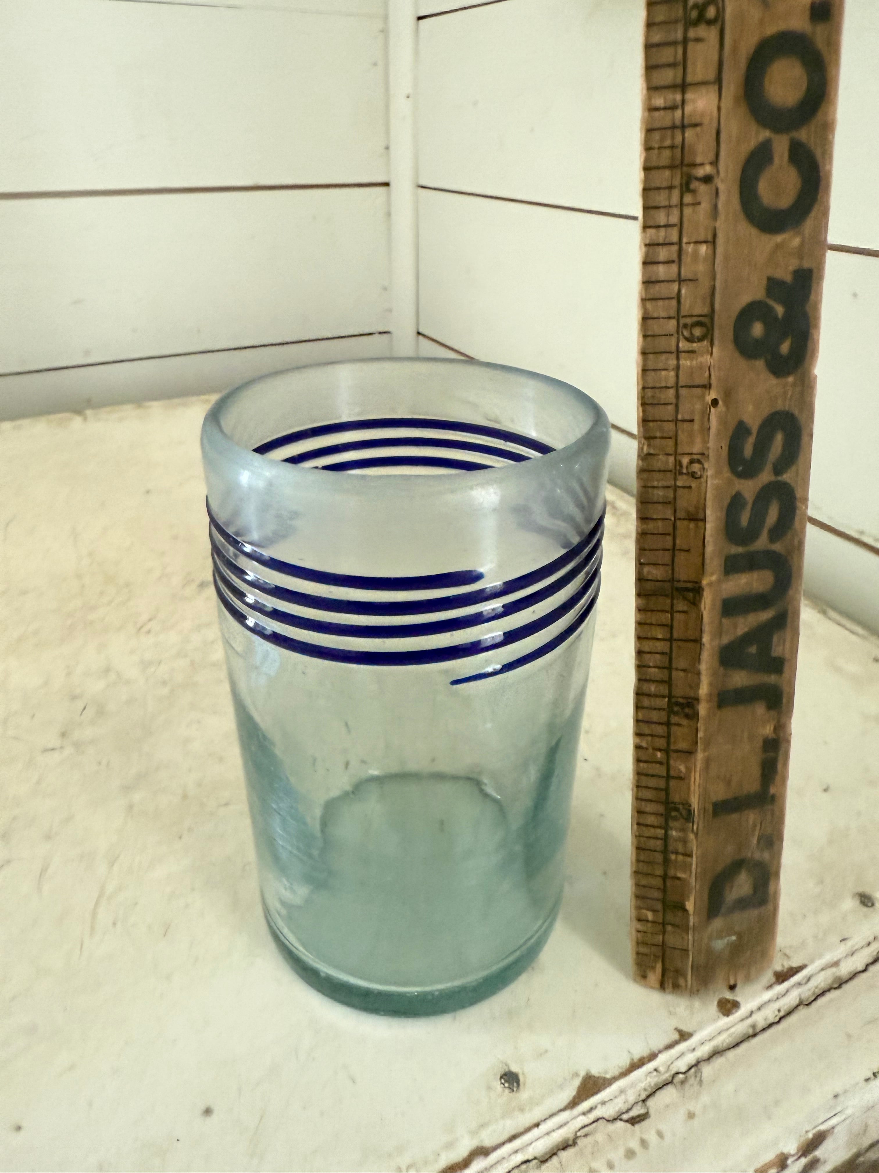 Hand Blown Tumblers Mexico Unique Handmade, Green Glass, Blue Rings & Pontil