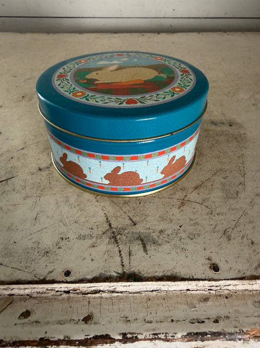 Vintage Round Metal Tin With A Rabbit In The Carrot Patch