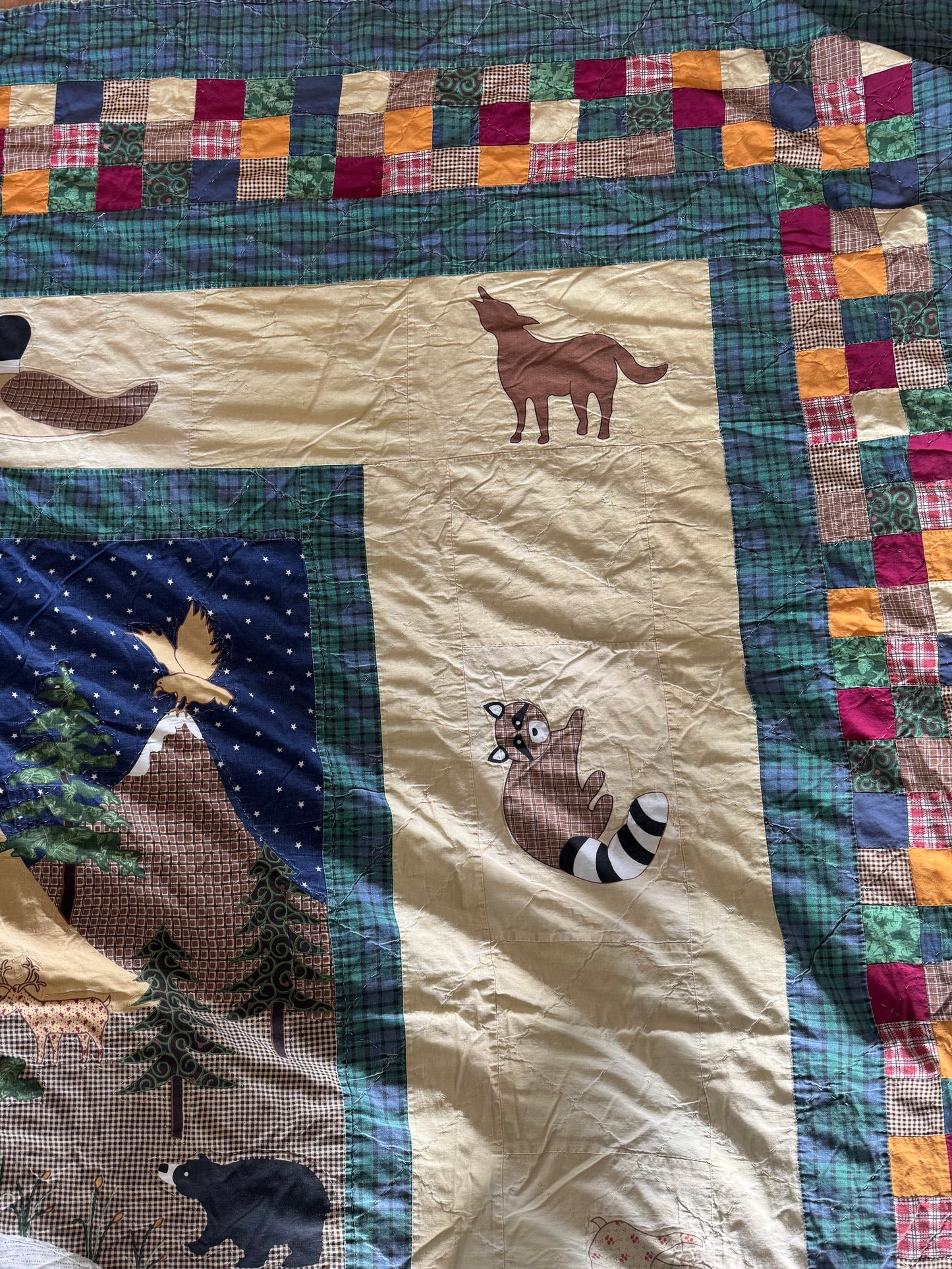 Queen Size cabin Woodland Pieced Quilt - perfectly shabby faded and worn rips and tear