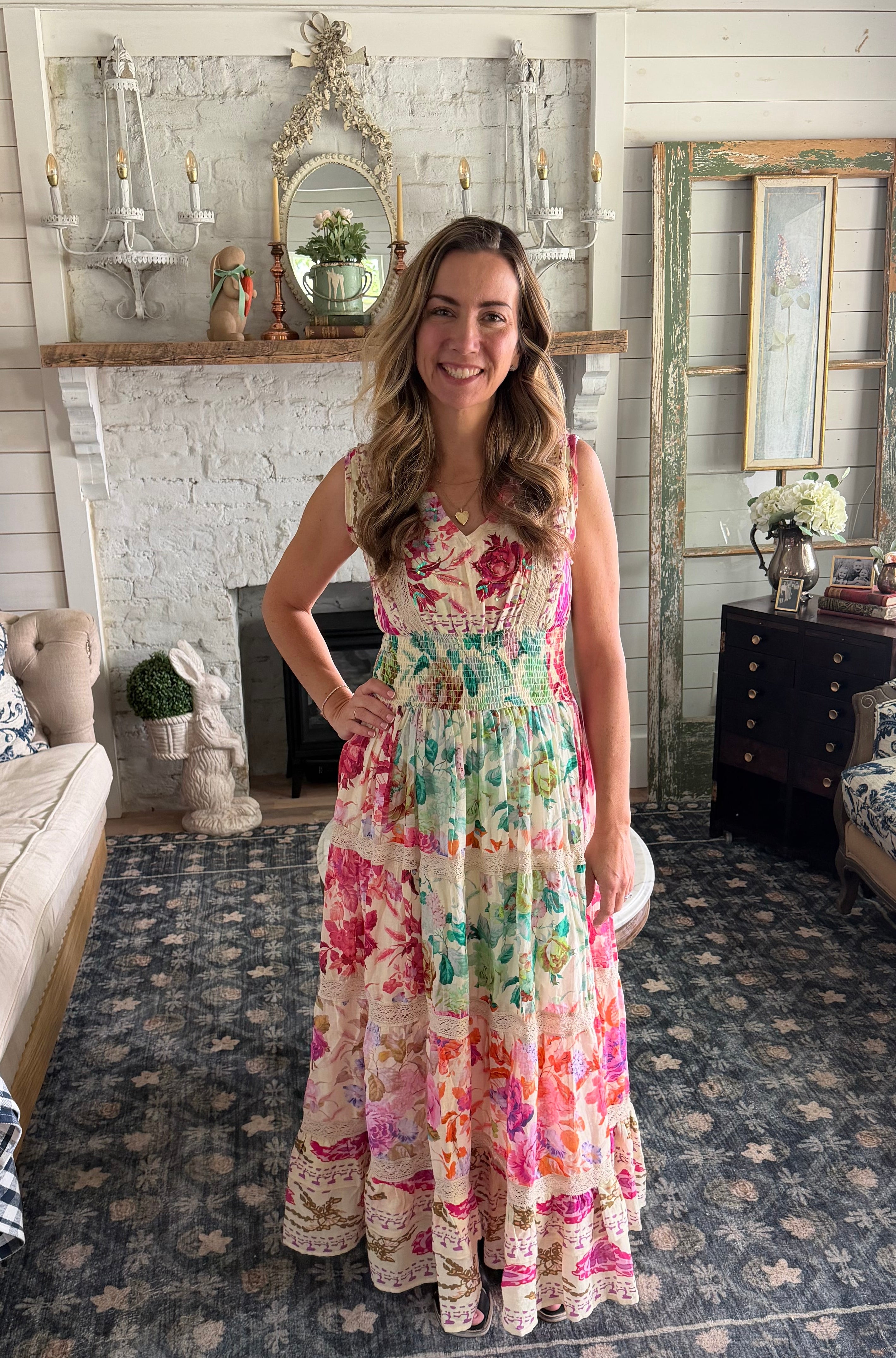 Feminine V-neck Smocked Waist Ruffle Floral Maxi Dress