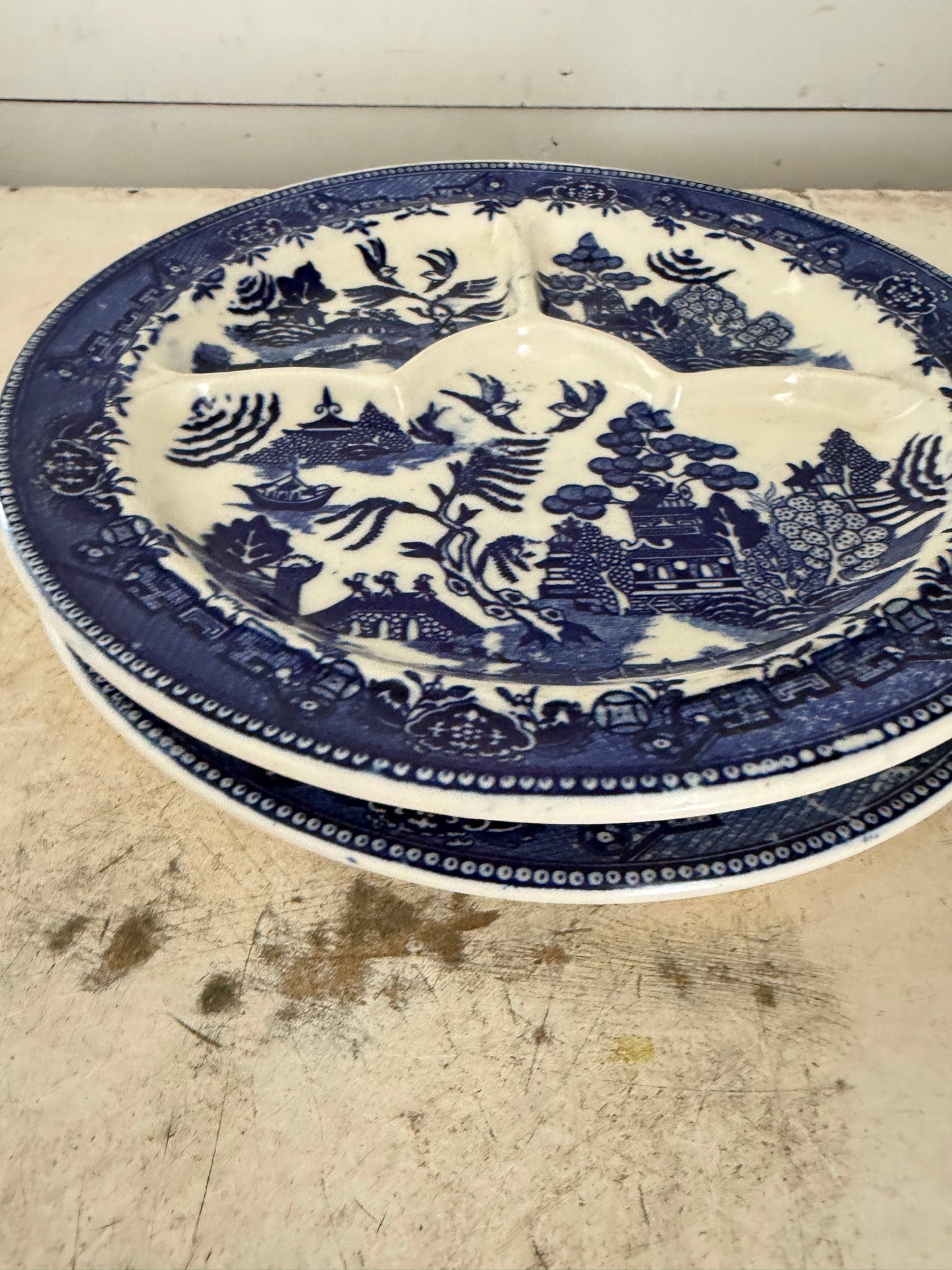 Vintage Moriyama Japan Blue Willow divided grill plate