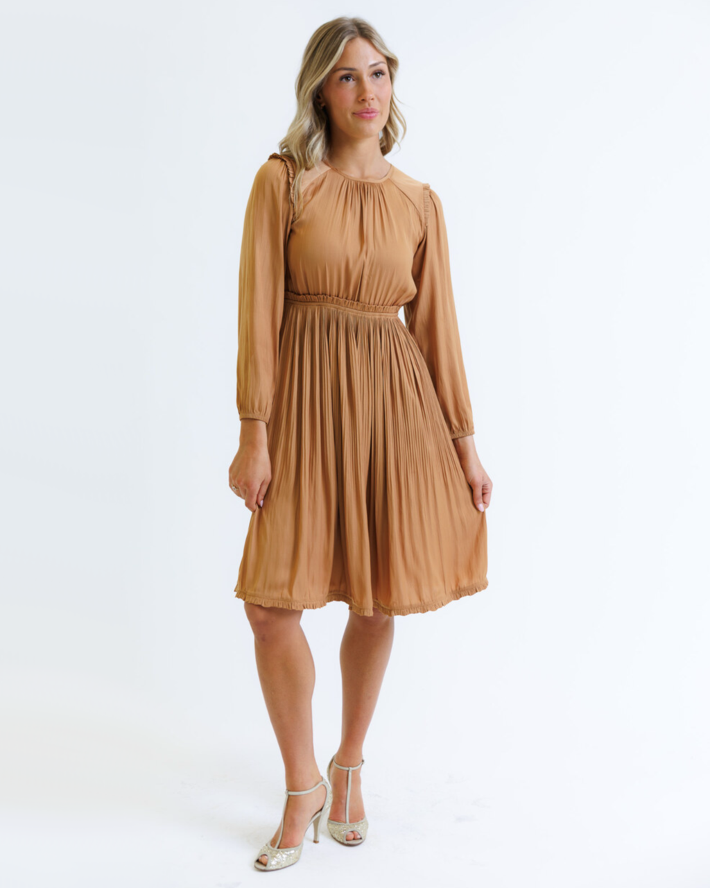 5th Avenue Pleated Long Sleeve Knee-Length Dress