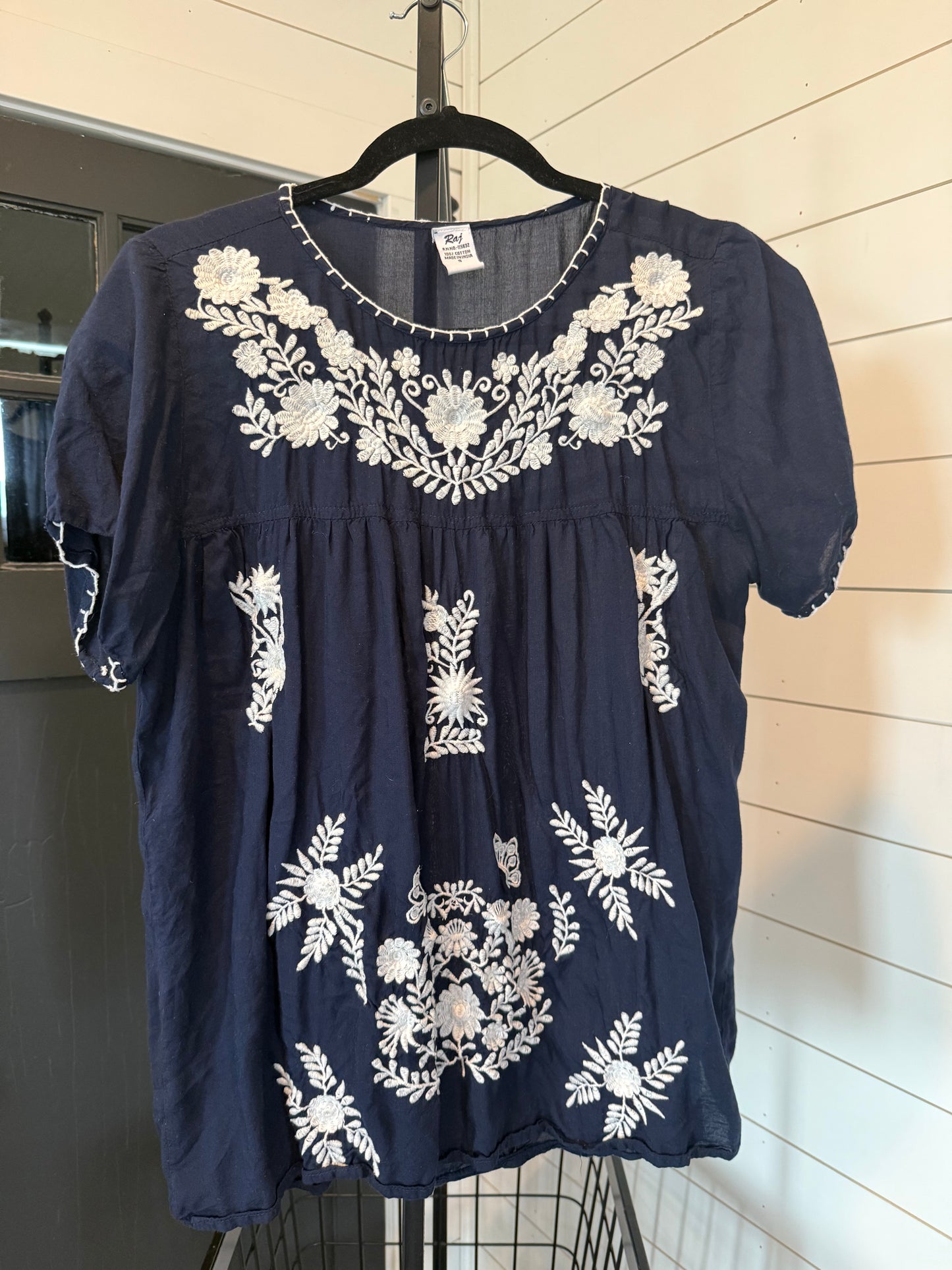 Navy Blue Embroidered Baby Doll Top Small