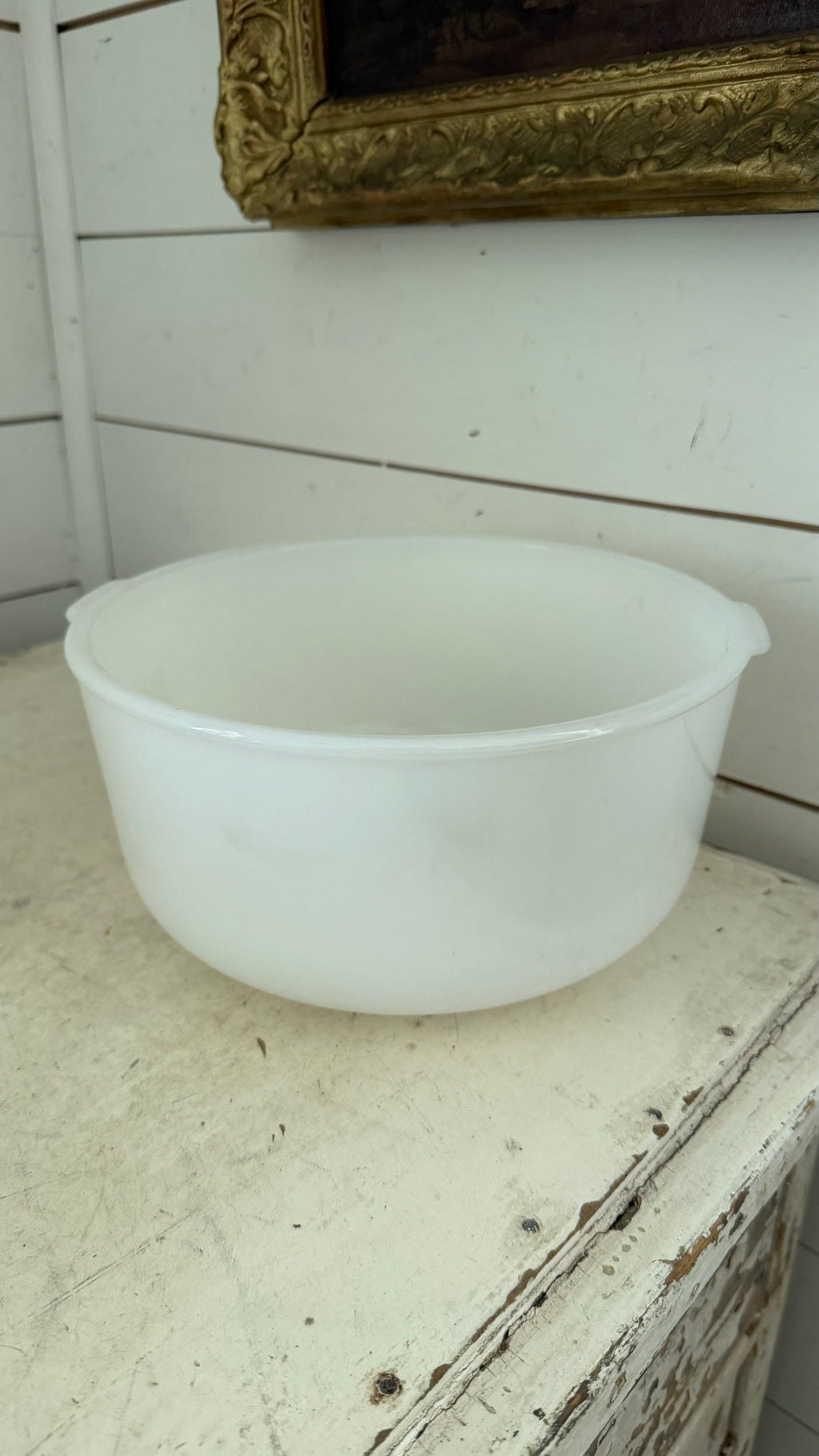 vintage Glasbake white milk glass mixing bowl designed for Sunbeam mixers