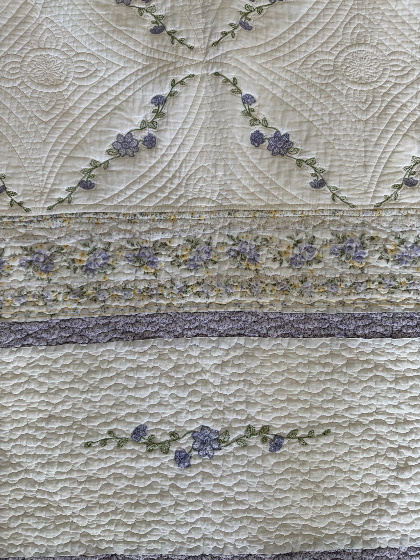 White with Purple Embroidered Floral Quilt - queen Size