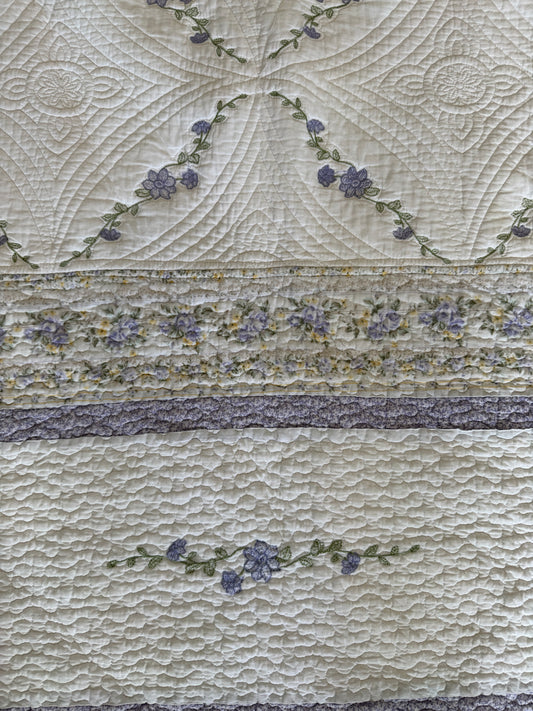 White with Purple Embroidered Floral Quilt - queen Size