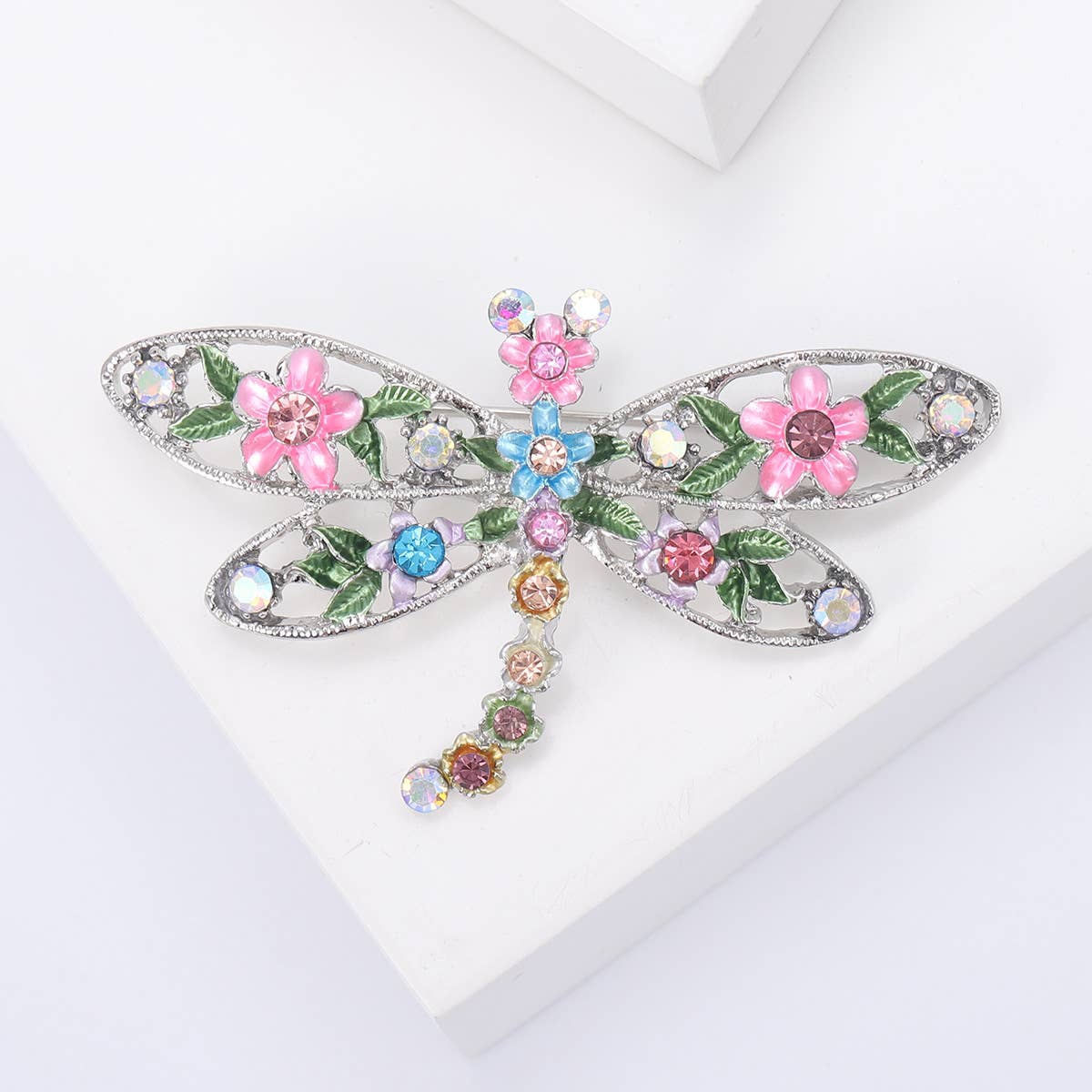 Floral Dragonfly Brooch, Colorful Rhinestone Insect Pin
