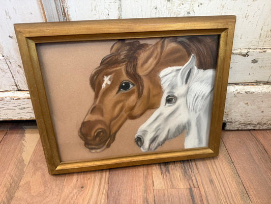 Original oil pastel horse art in gold frame