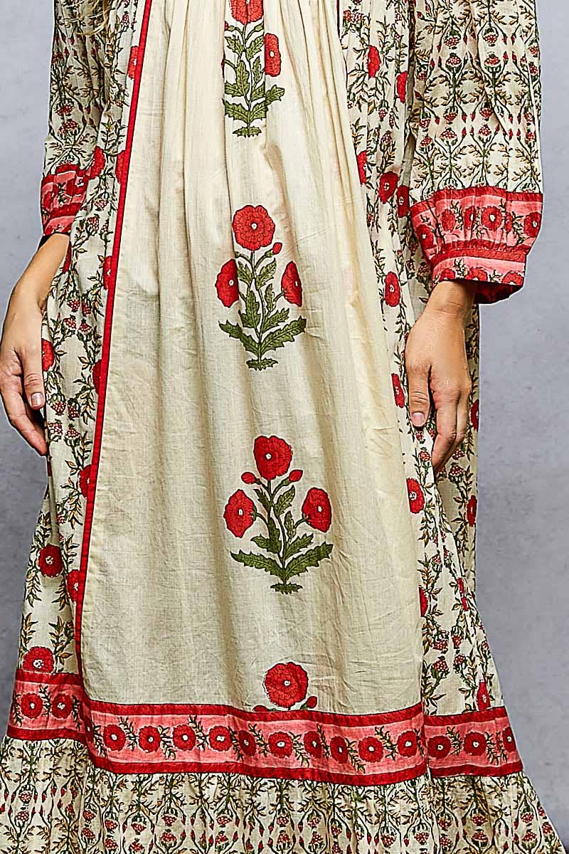 Block Print Floral Shirring Flowy Maxi Dress