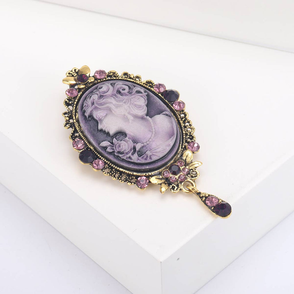 Vintage Cameo Brooch, Rhinestone Accent Drop Pendant Pin
